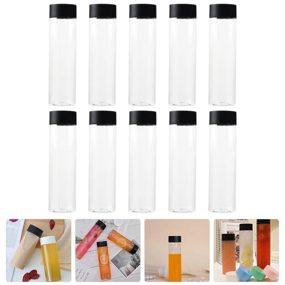 

10Pcs Empty Plastic Bottles Clear Transparent Round Water Bottles Black Caps Durable for Juice Milk Water Storage