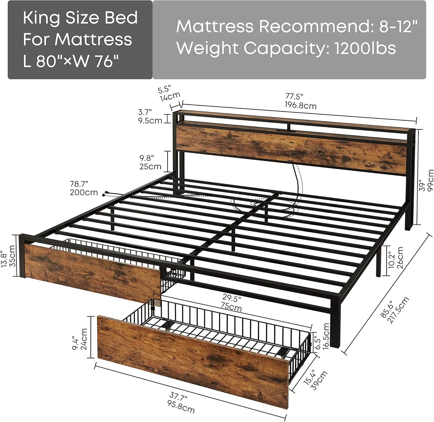 Bed Frame with Storage Drawers, Platform Bed with Headboard and Charging Station, No Box Spring Needed, Easy Assembly