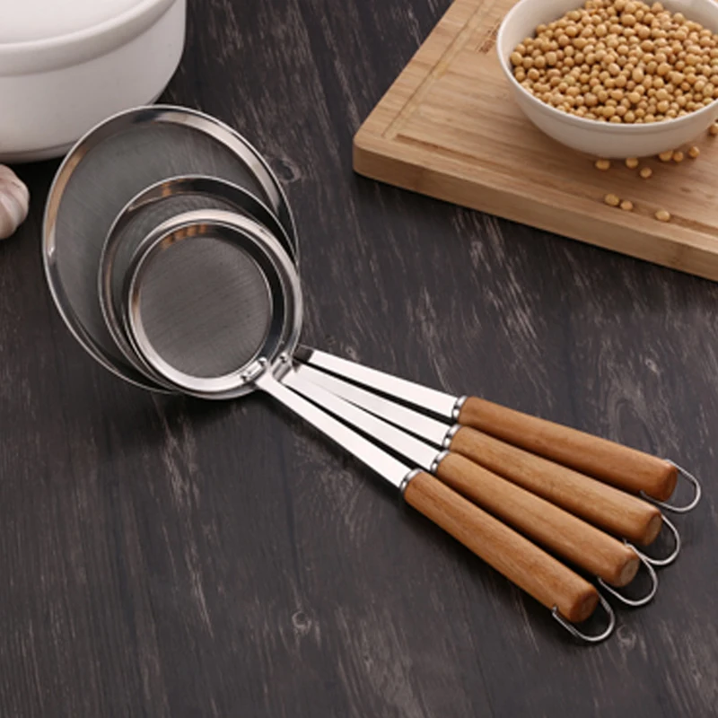 Kichen Stainless Steel Skimmer Wooden Handle Small Colander Fine Mesh Oil Filter Spoon Multi-Function Juice Flour Sieve Strainer