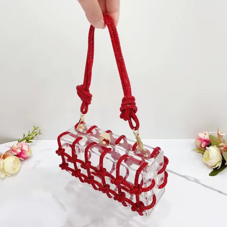 2023 Crystal-Embellished Rope Acrylic Clutch Rhinestones Evening Shoulder Bag Crystal women Luxury Clear Party Wedding Knot Bag