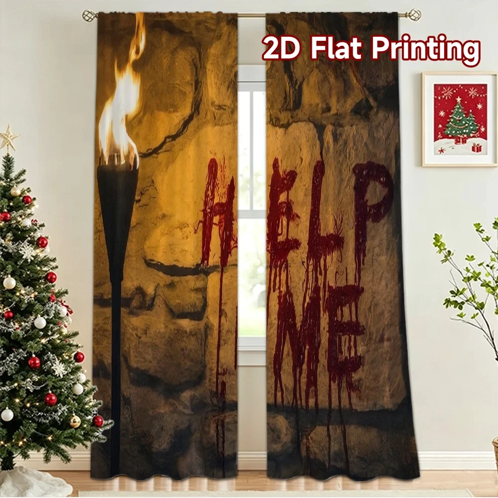 2D flat 2pcs Curtain Modern Minimalist Style Red Help Wall Graffiti Digitally printed polyester Party & Holiday Decor Perfect