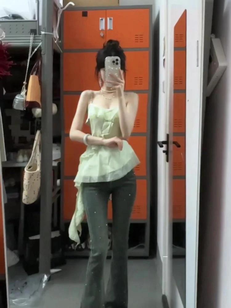 Mint Wave Sle Irregular Strap Vest Women Summer Design Sense Lace  Svel Waist in Slimming Sexy ort Top