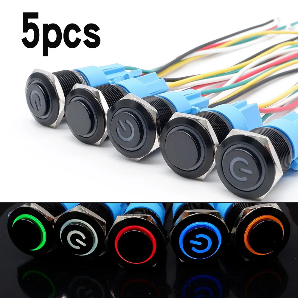 5pcs Black Metal Push Button Switch 16 19 22 mm Led Light High Head Waterproof Illuminated Power On Off Start Stop  5v 12v 220v