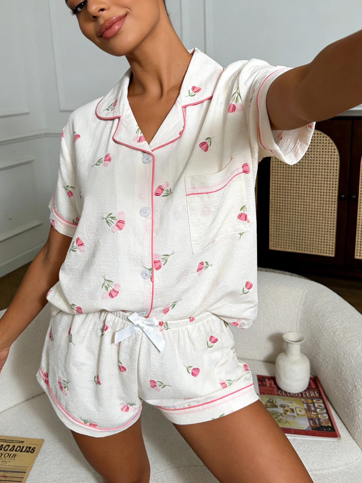 Women Pajamas Cardigan Lapel Short Sleeve Shorts 2 Piece Set Spring Summer Cute Tulip Print Homewear Loungewear