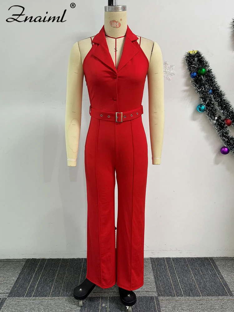 Znaiml Women Halter Backless Red Jumpsuit with Belt Elegant Party Loose Wide Legs Pant Rompers Fashion Birthday Club Overalls