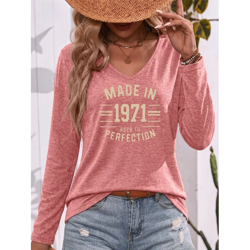 Retro Distressed Faded MADE IN 1971 AGED TO PERFECTION Graphic V Neck Long Sleeve T Shirt Comfortable Soft Breathable Fall Winte