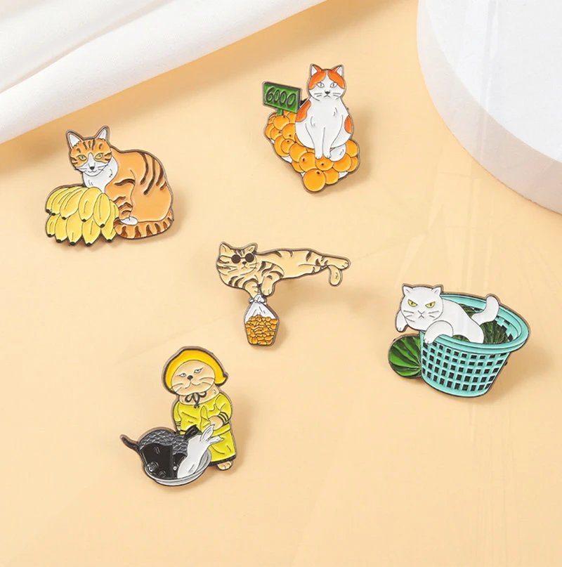 Fruits Cool Kitten Vendor Pin Lapel Shirt Bag Badge Cartoon Jewelry Gift Funny Street Stall Cats Enamel Brooch Custom Fish