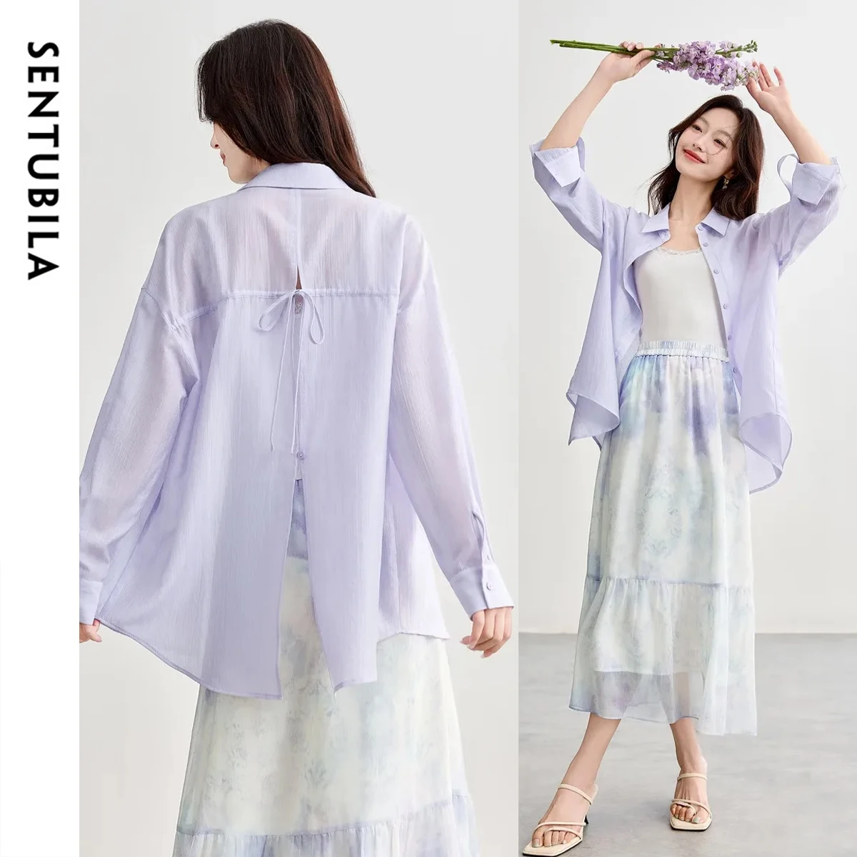 SENTUBILA Women Skirt Set Long Sleeve Button Turn-Down Collar Shirts And A-Line Printed Long Half Skirts Femal Clothes 152ZI2016