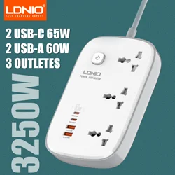 LDNIO Multipresa da 65 W con 3 prese universali 4 porte USB Presa di corrente con prolunga audace da 2 M Protezione da sovratensione SC3416