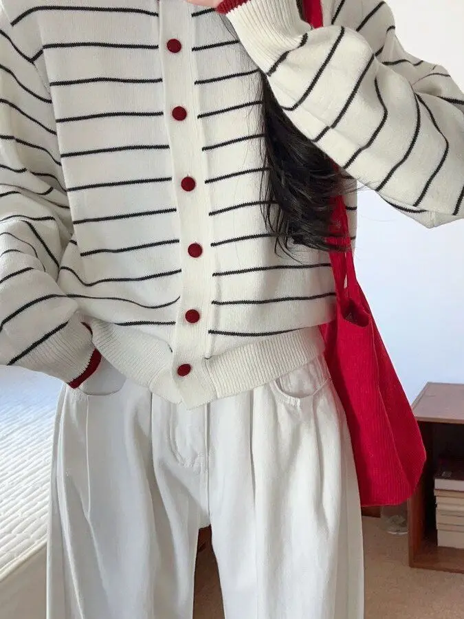 Korean Style Striped Color Block Open Cardigan Women's Loose Knitted Sweater Chic Lazy Fashion Autumn New Arrival Youthful