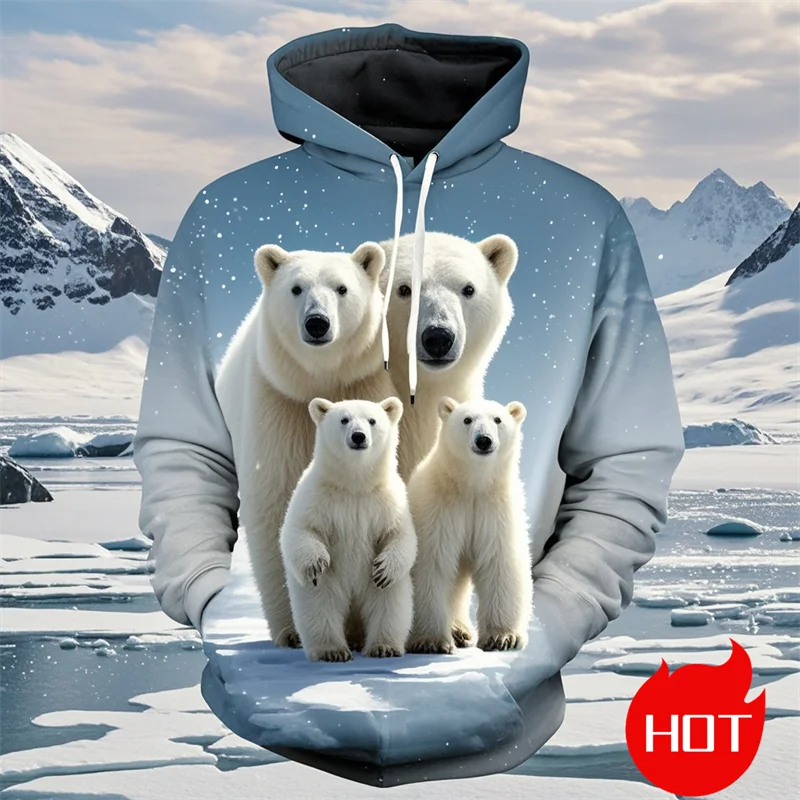 Śliczne 3D niedźwiedź polarny bluzy z kapturem z nadrukiem dla mężczyzn śmieszne niedźwiedzie polarne graficzne bluzy z kapturem Vintage Streetwear ubrania z kapturem