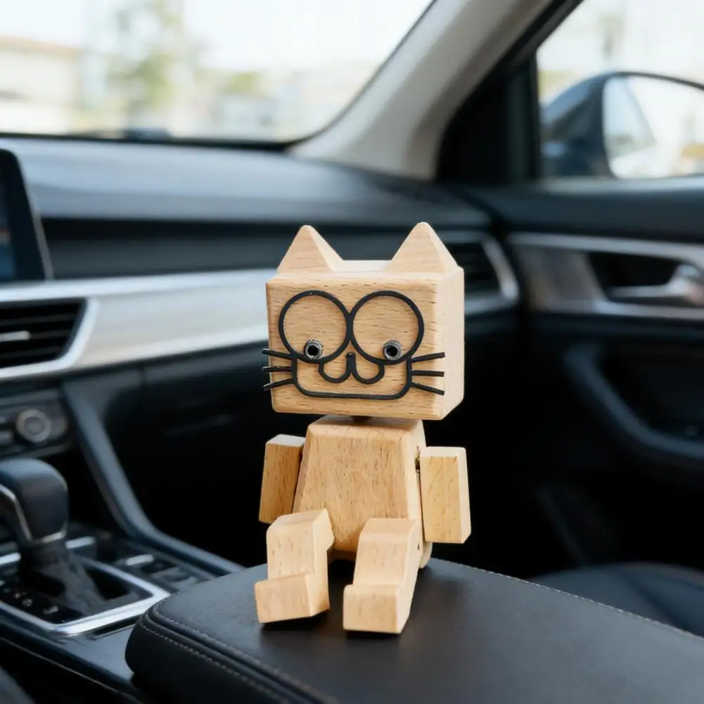 1 Set Shaking Wooden Man Figurine with 12 Magnetic Expressions Handmade Shaking Feet Wooden Doll Car Dashboard Desktop Decor
