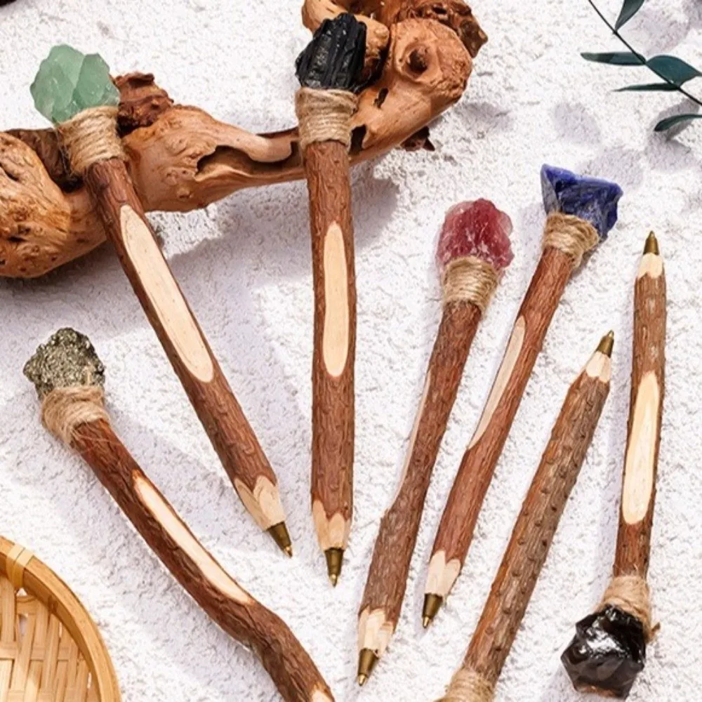 Vintage Natural Rough Crystal Ballpoint Pen Log Craft Decorative Wooden Crystal Wand Pen Handmade Raw Stone Scepter Pen