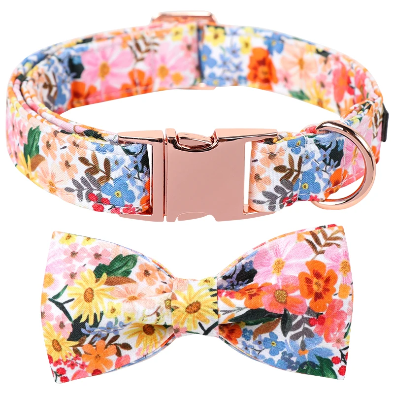 

Unique Summer Spring Flower Dog Cat Collar Set with Bow Tie Personal Custom Puppy Necklace XS-XL