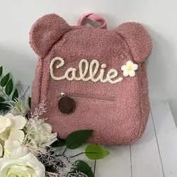 Mochila de urso de pelúcia bordada à mão personalizada, bolsa de compras portátil, nome personalizado, bolsa de ombro feminina, mochila infantil