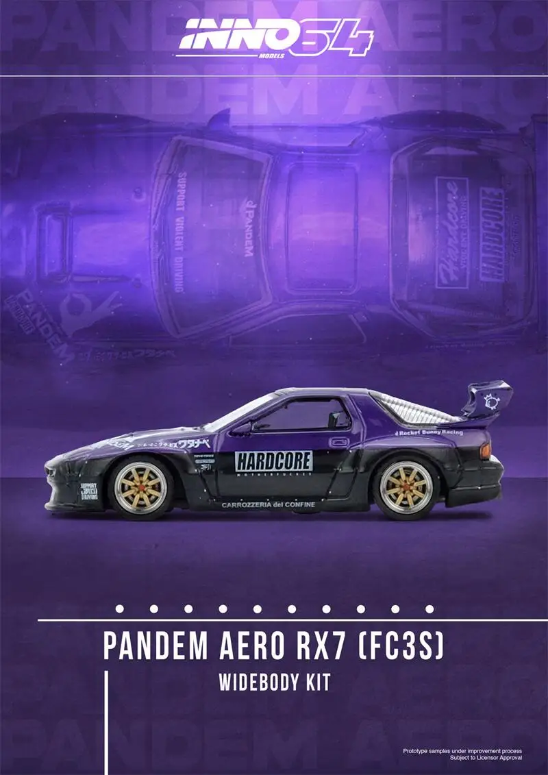 INNO 1:64 FC3S RX7 PANDEM ROCKET BUNNY نموذج سيارة مصنوع من خليط معدني أرجواني
