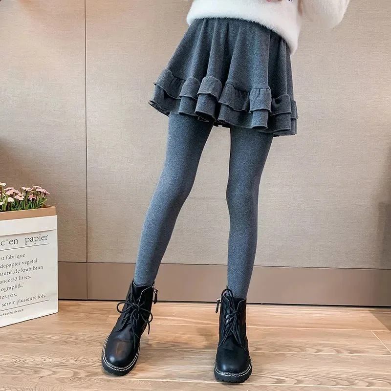 2024 Winter autumn Girls clothes Skinny culottes skirt Pants Thickened cotton Leggings teens Plus velvet tight pantihose 12 year