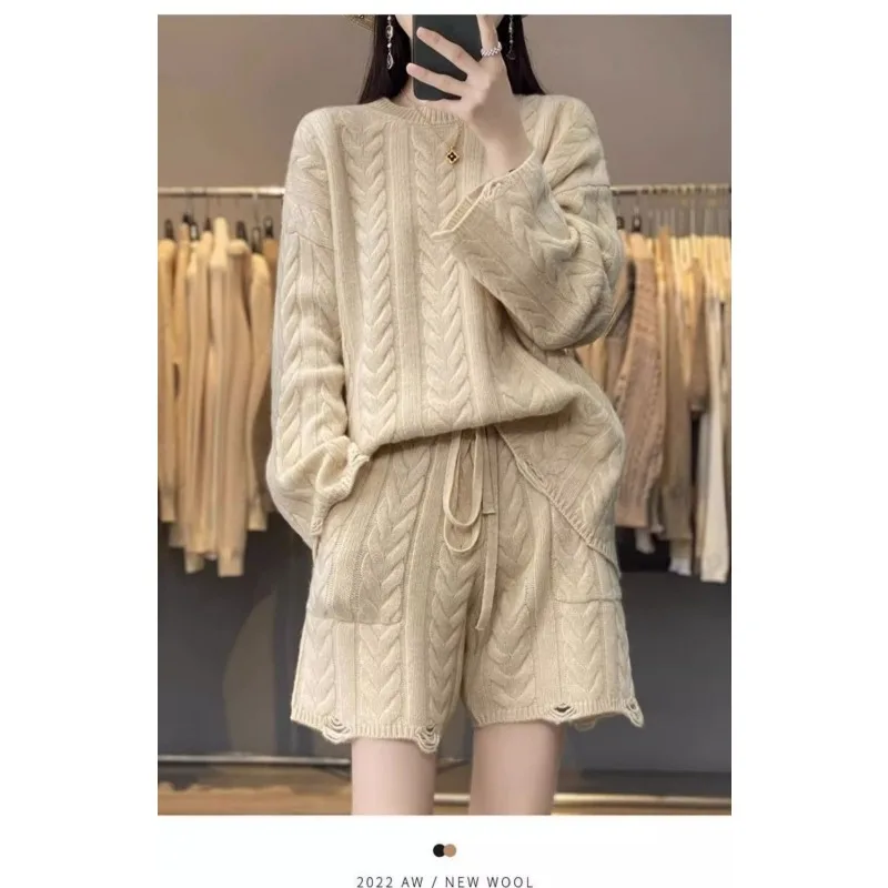 Extra Large Sweater Set Female Large Size Loose Knitwear Intensification External Penetration Long-sleeved Shorts Two-piece Lazy