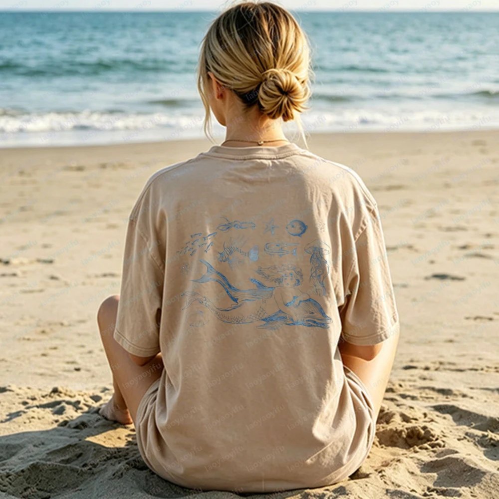 Fisherman Aesthetic Mermaid Sardine Unisex Cotton Shirt Ocean Creature Graphic Tee Nautical Streetwear for Women Men's Clothing