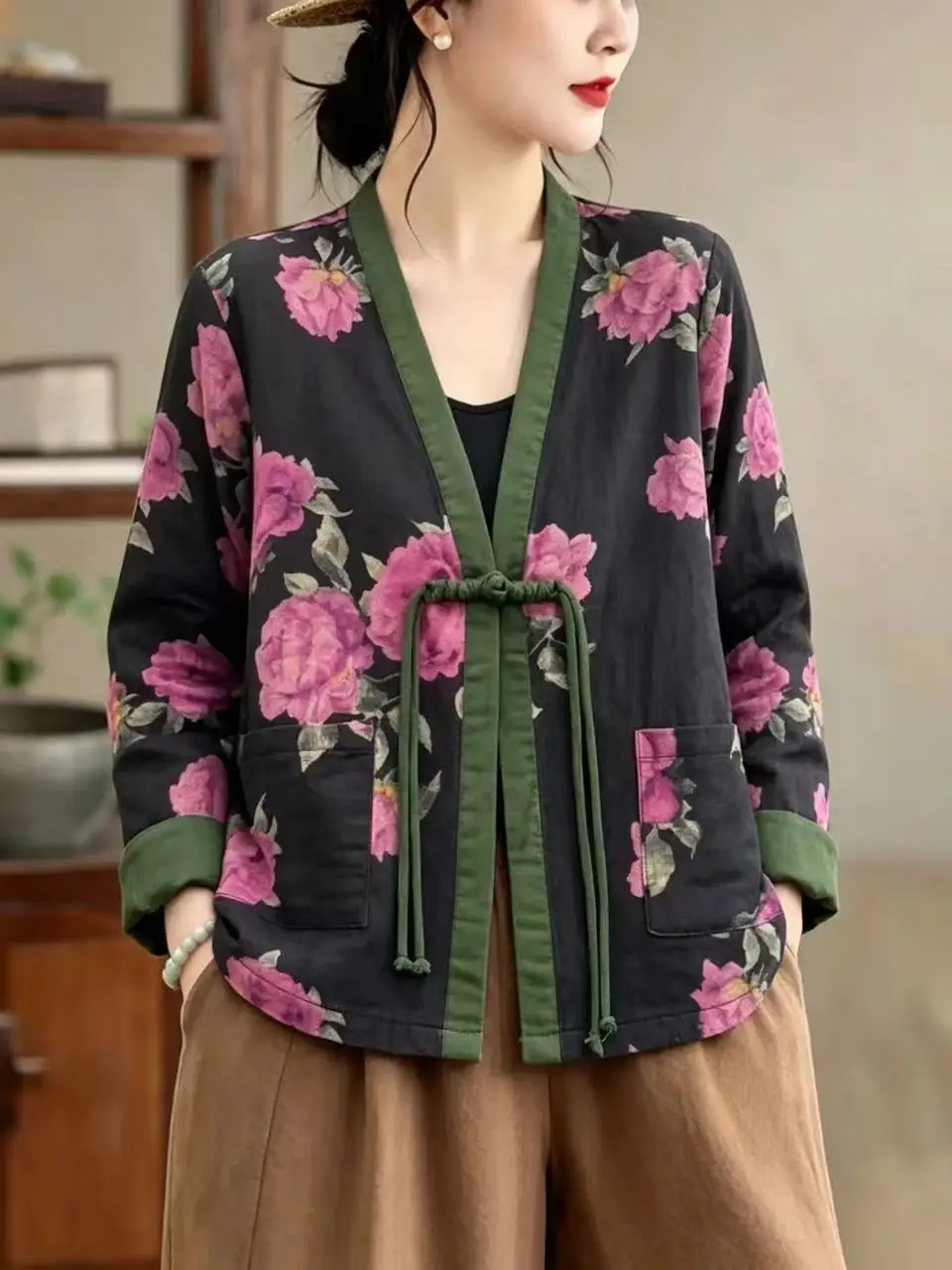Retro Chinese Style Printed Patchwork Open Cardigan Women's Loose Personality Small Jacket Long Sleeve V-Neck Daily Wear