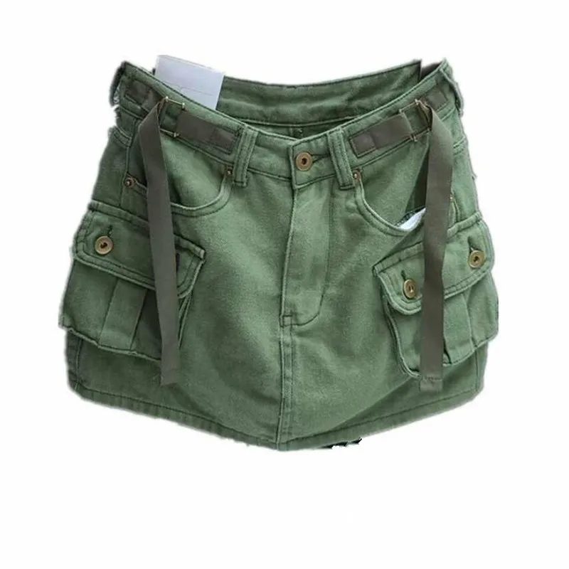 

Army Green Tooling Denim Short Skirt Women's Summer New All-Match Pocket American High-Waisted A-Line Skirt s384