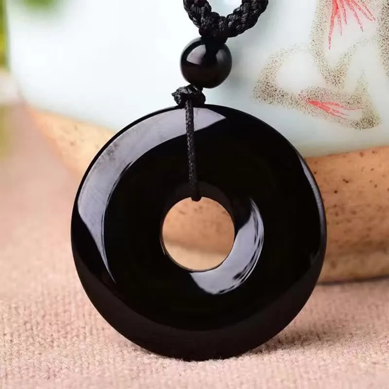 Natural Obsidian Donut Pendant With Rope Chain Black Obsidian Crystal Round Charm Necklace Men Women Healing Gemstone Jewelry