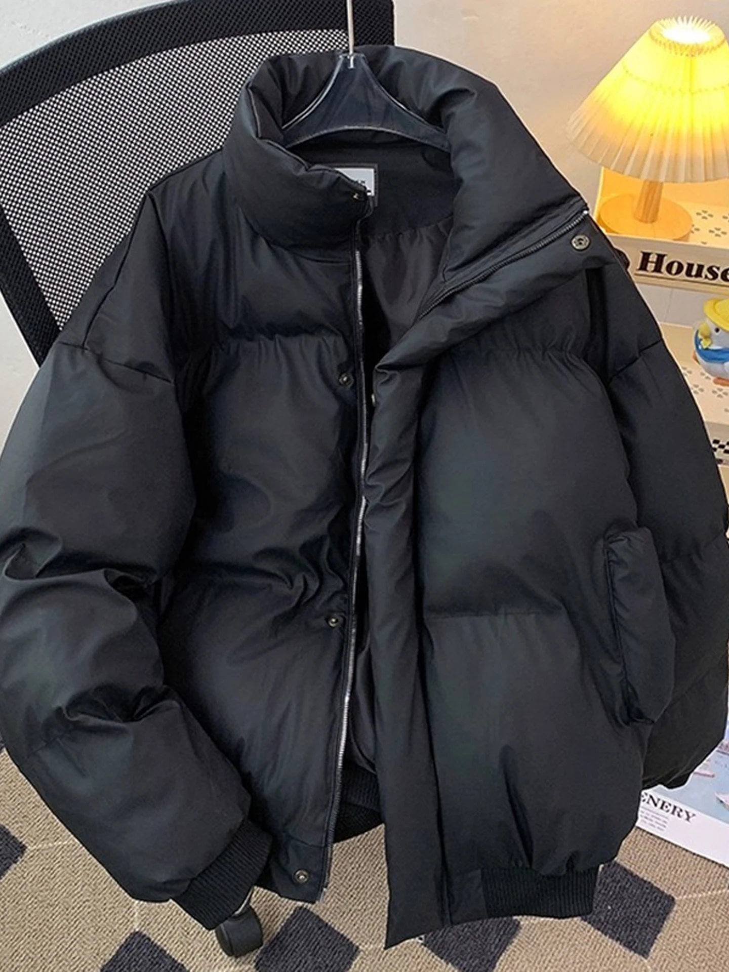 

Men's Winter Warmth-Kee ort PU Leather Cotton Jaet Stand Collar Bread Sle down Coat Casual Faion Thiened Outerwear