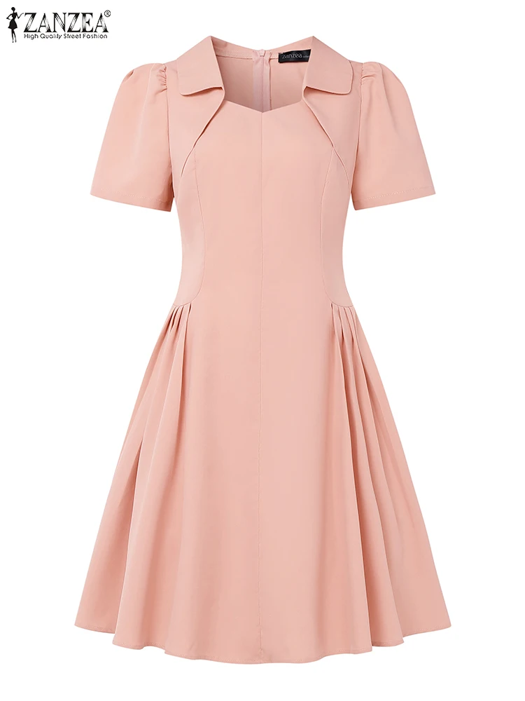 ZANZEA Fashion Chic Woman Knee-Length Dresses Elegant Turn-Down Collar Short Sleeve Waist-Gathered A-Line Robe OL Vestidos Mujer