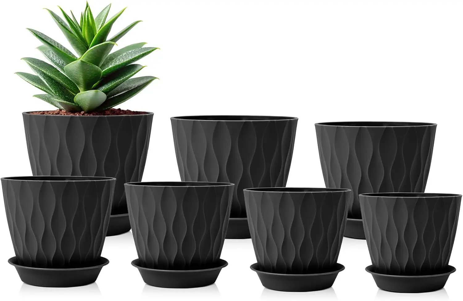 

7 Pack Plant Pots with Drainage Holes & Trays, 4-7 Inch, Black