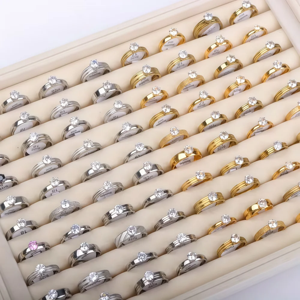 6/8/12/24Pieces/Lots Fashion Stainless Steel Cubic Zircon Rings For Women Mix Style Simple Trendy Wedding Engagement Jewelry