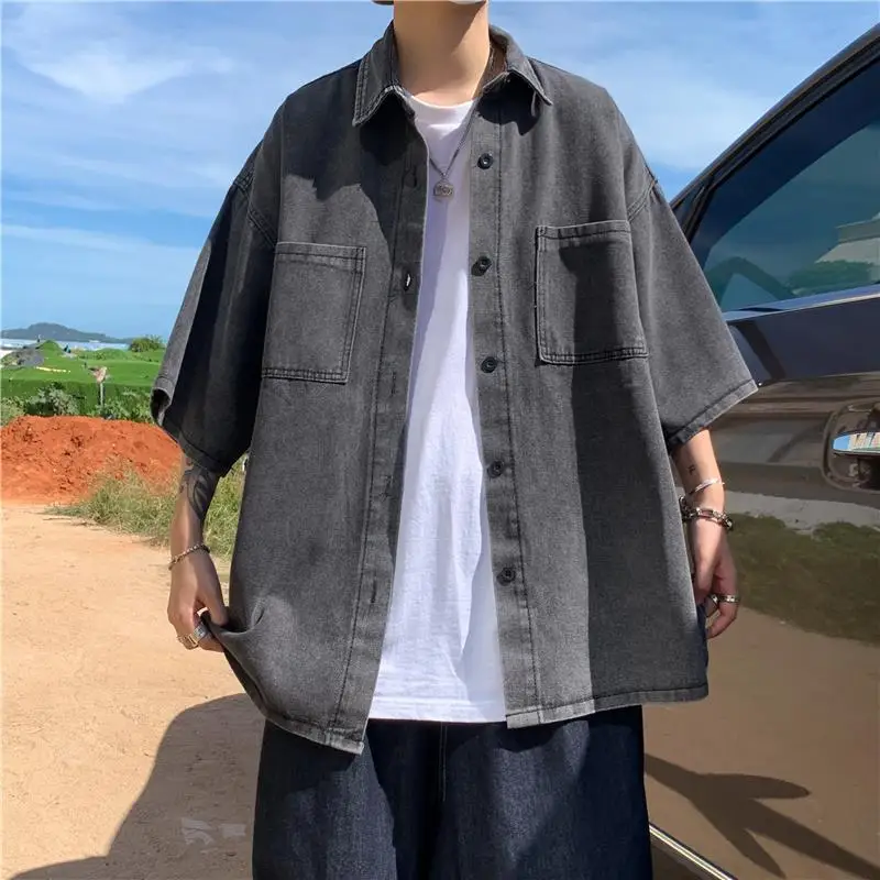 Men's Loose Fit Short Sleeve Denim Shirt Thin Summer Fashion Hong Kong Style Seven Sleeve Outerwear Trendy Casual Shirt