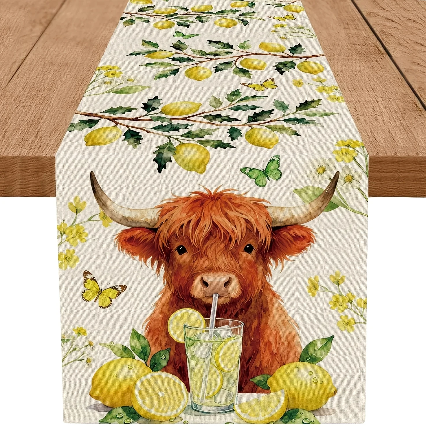 Watercolor Highland Cow Lemon Print Table Runner Yellow Green Farmhouse Rustic Dining Table Summer Home Decor