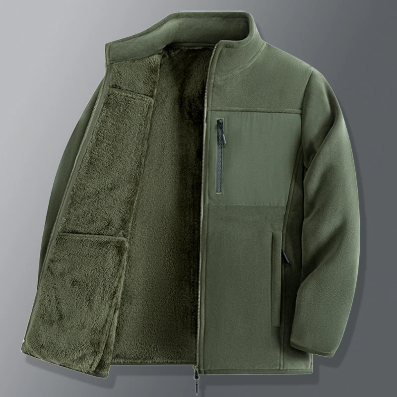 

New Full Zip Up Green Fleece Jacket Thermal Warm Work Coats Mens Zipper Pockets Jacket Hiking Training Outwear Windbreaker