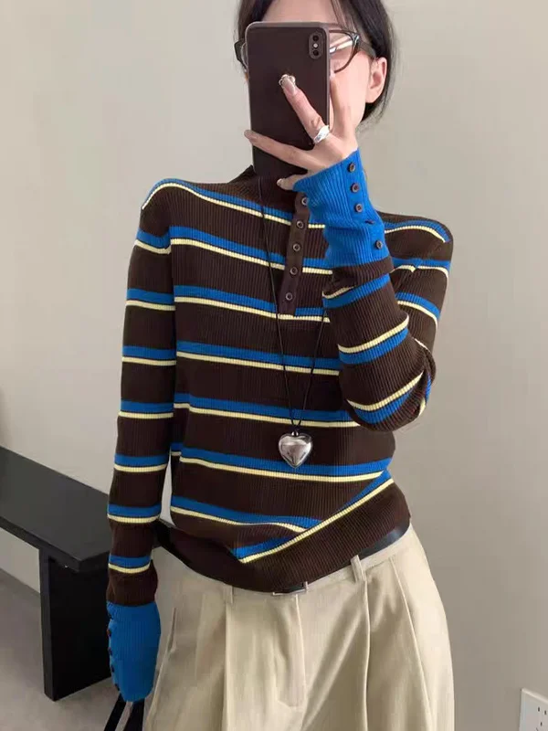 

Faionable Autumn Winter Knitted Long Sve round Ne Sweater Women's Vintage Color Blo Button Base Layer Striped Top