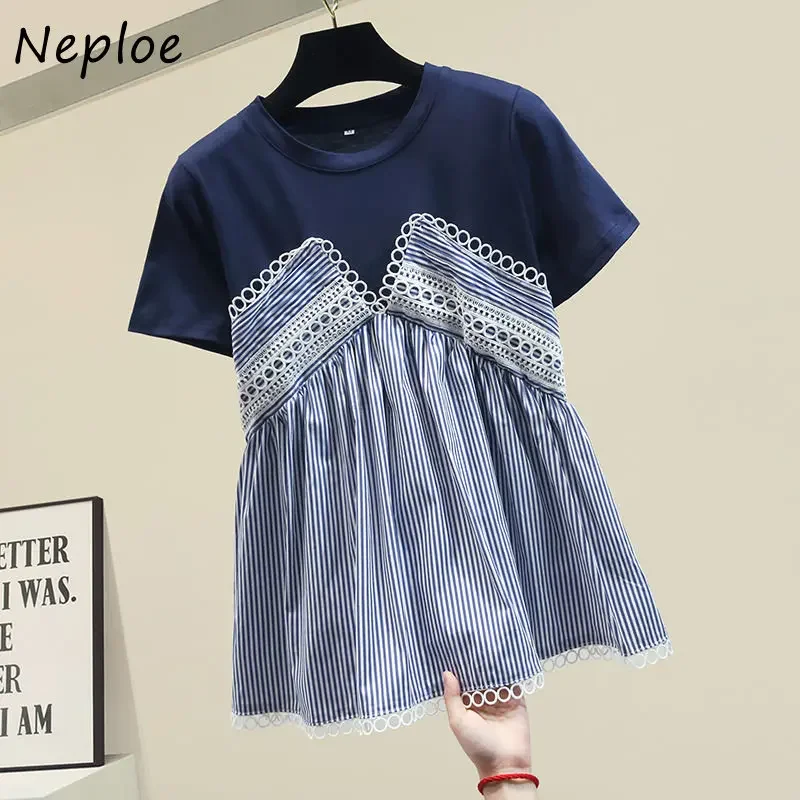 Neploe Korean Style Fake Two-Piece Lace Short T-Shirt 2024 Summer Temperament Commuting Style Simple Loose Casual Round Neck Top