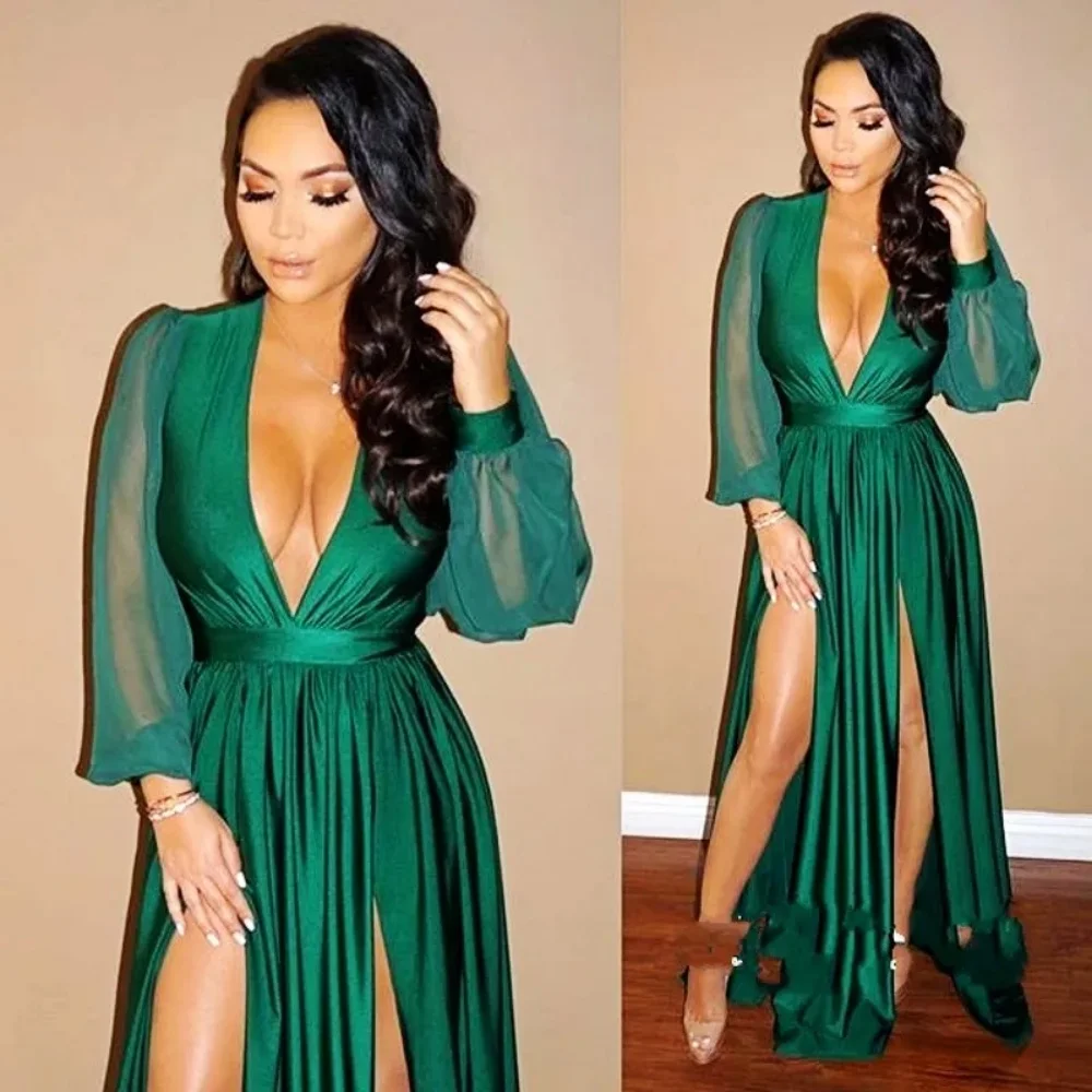 

Sexy Low-Cut Prom Party Dress Green Deep V-Neck Long Sleeves A-Line Side Split Floor-Length Evening Dress Wedding Party Dress