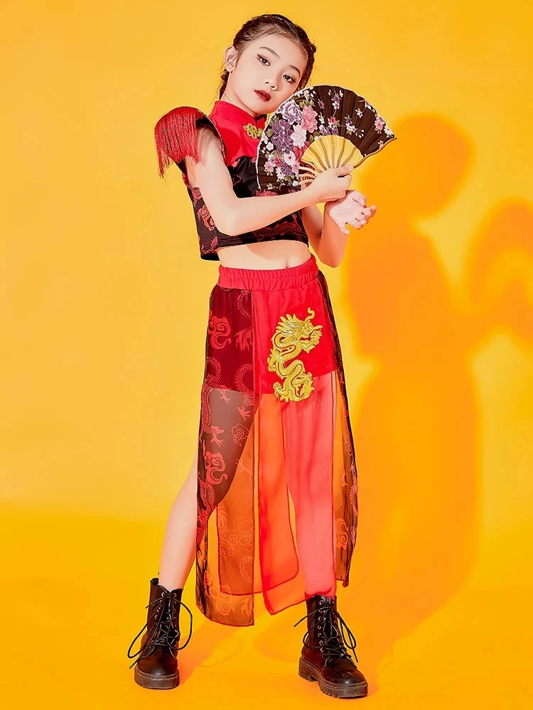 2022 neue chinesische Hip-Hop-Tanz kleidung für Mädchen rote Outfits Jazz moderne Tanz kostüme Street Dance Rave Kleidung