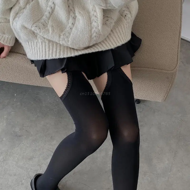 Womens Sexy Side Cutout Holes Suspender Pantyhose Harajuku Kawaii Lolita Lace Trim Fake Garter Belt Stockings Tights
