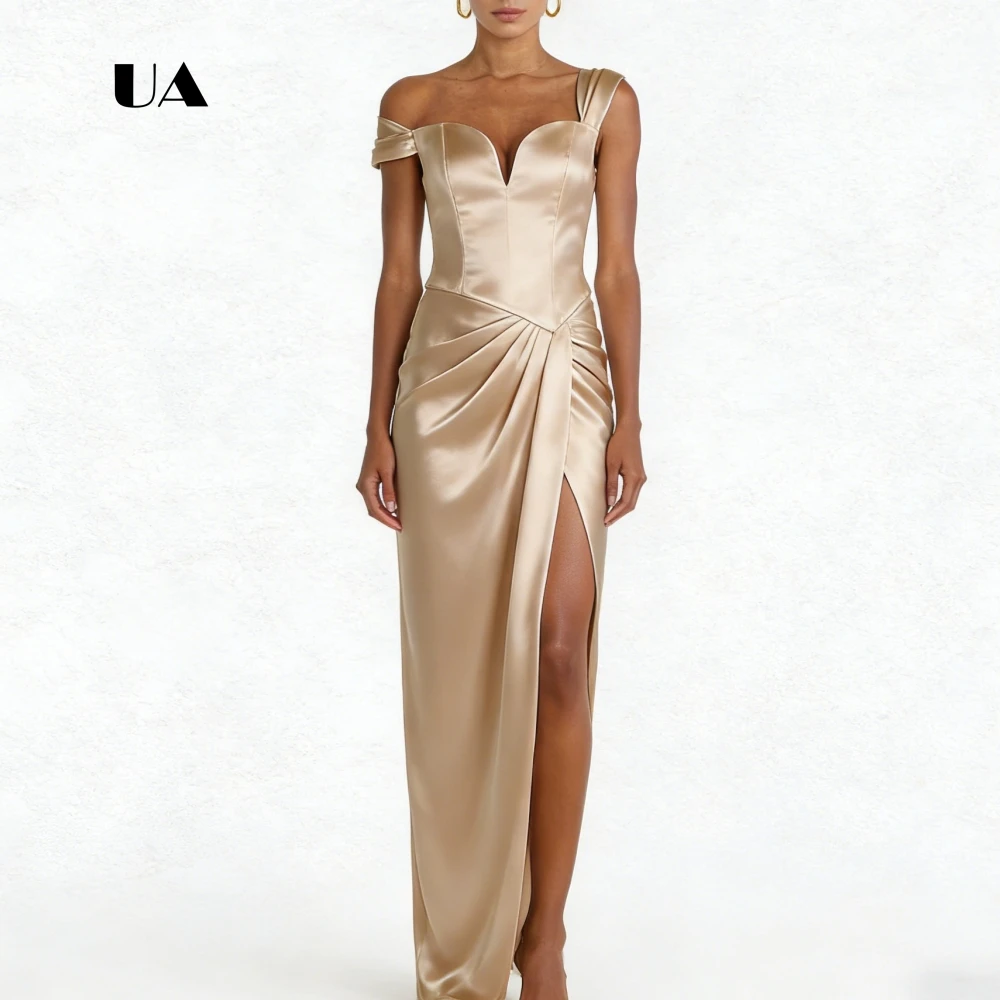 Ulbyanry cetim querida pescoço vestido de baile com manga assimétrica sólido drapeado fenda vestido de noite elegante vestido de festa personalizado