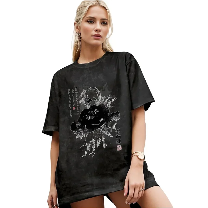 NieR Automata 2B Game Waifu Washed T-Shirt Unisex Japan Ink Streetwear Casual T Shirts Summer Trending Tee Shirt Oversized Tops