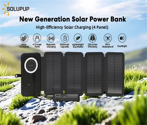 15W Magnetic Wireless 5000mAh Solar Power Bank /Detachable Quad Panel,3x Type-C+USB 14W Fast Charge Suitable for outdoor camping