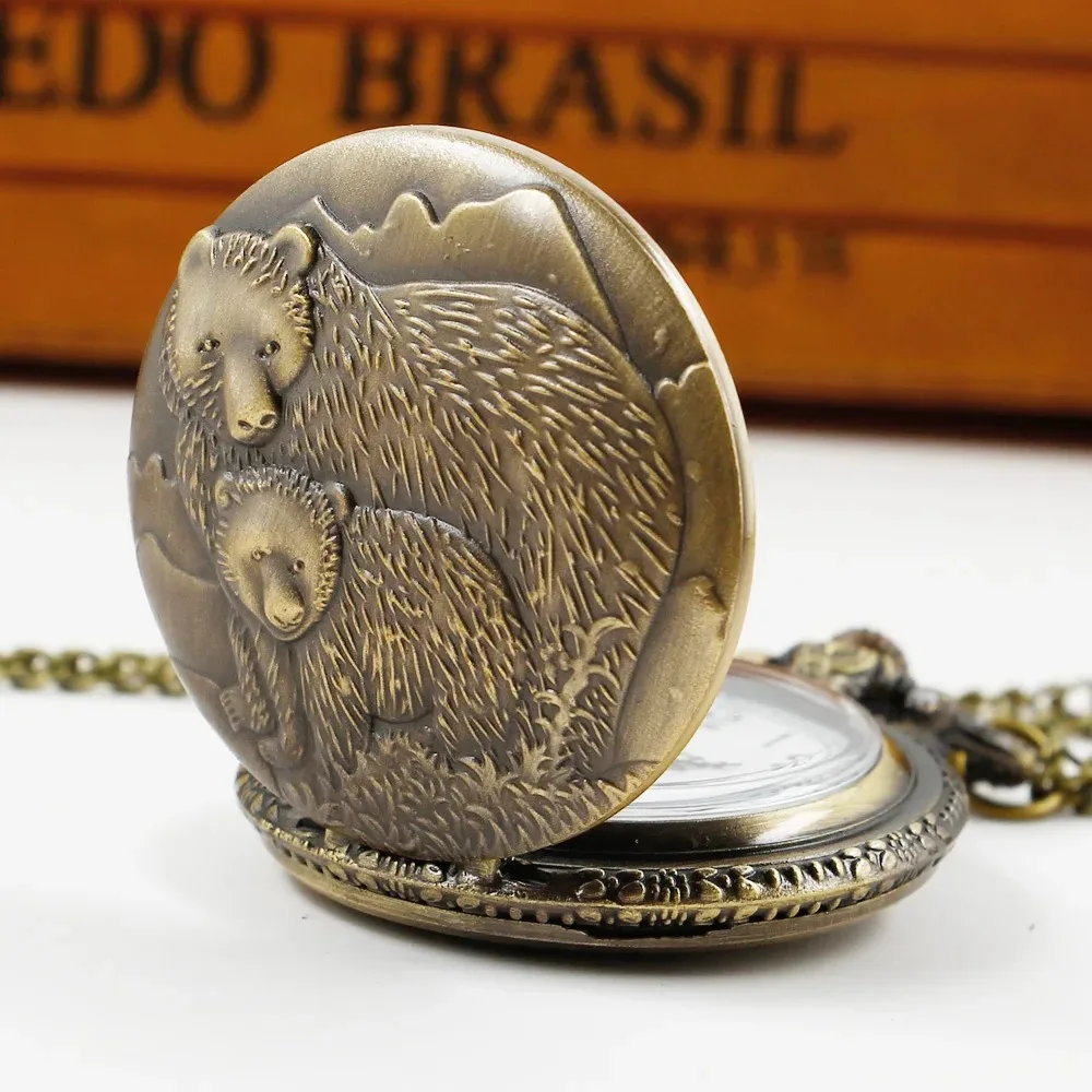 العتيقة رائعة الدب منحوتة ساعة جيب كوارتز قلادة ساعة سلسلة رائعة سحر الهدايا مثالية للرجال النساء جامعي