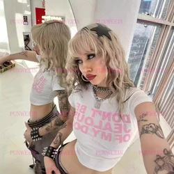 Vintage Y2K Pink Letter Print 2000s Short sleeved T-shirt Sweet girls Gothic Women's clothing Harajuku Slim Fit Open Navel Top