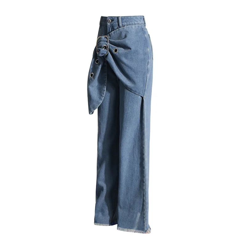 ANJY Spring Autumn New Women's Fashion Trendy Vintage Chic Jeans Niche Design Patchwork Belt Asymmetric Casual Denim Pants A7182
