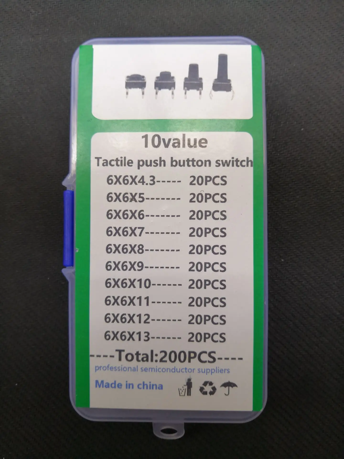 200pc=10value*20pc 12/11/10/9/8/7/6/5/4.3mm Height Micro Press button/touch Switch Box 6x6mm Assortment Set Switch Kit 6*6*13mm/