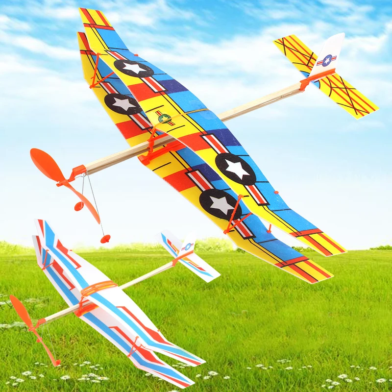 Novelty Funny Rubber Band Powered Biplane Glider Creative Rubber Band Powered Aircraft Helicopter Model DIY Assembled Toys