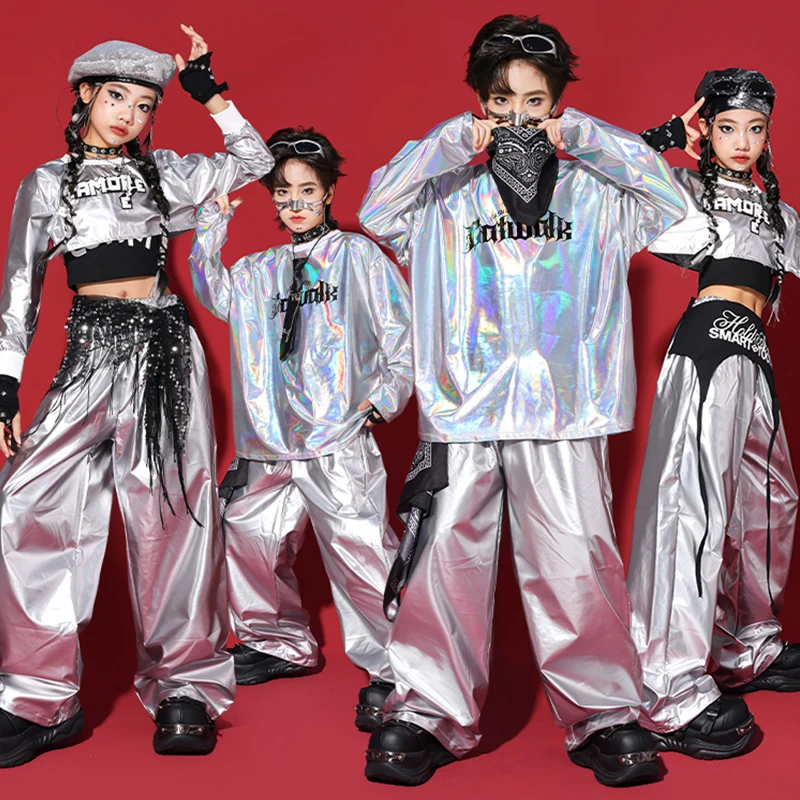 

Детский сценический костюм для джазового танца, наряд Kpop, школьная одежда для выступлений, серебряный топ, свободные брюки, одежда для уличных танцев в стиле хип-хоп 3025