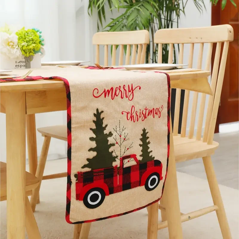 1pc Christmas Linen Embroidered Car Table Runner