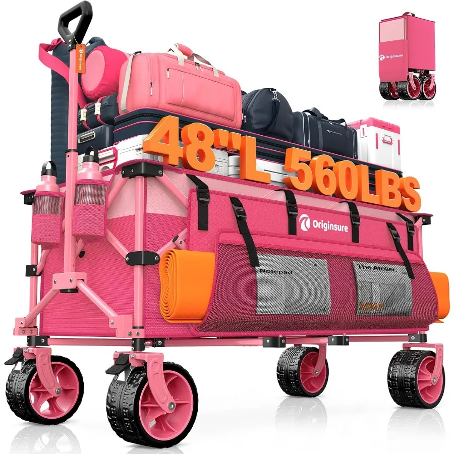 

48" L Collapsible Wagon Cart Foldable 560lbs Weight Capacity 300L Heavy Duty Folding Beach Wagons with Big All-Terrain Wheels U