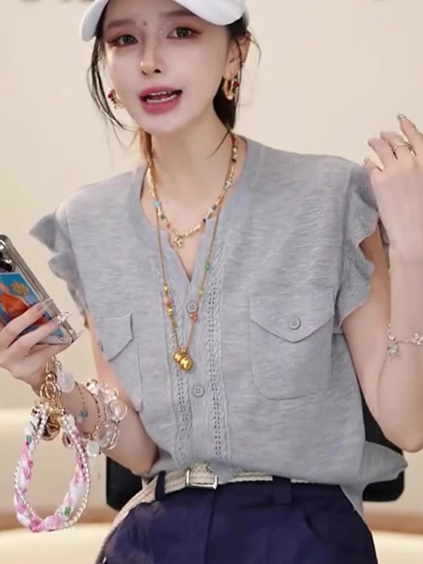 

Ele Sweet ort Sve Single Button Knitwear Cardigan Anti-Aging Top Korean Sle Straight Cut Silk Women's Summer Faion